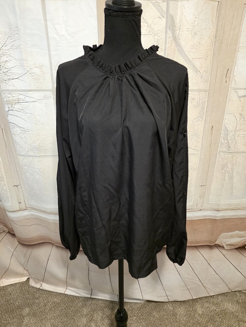 Kohl's Black Ruffle-Neck Long Sleeve Blouse